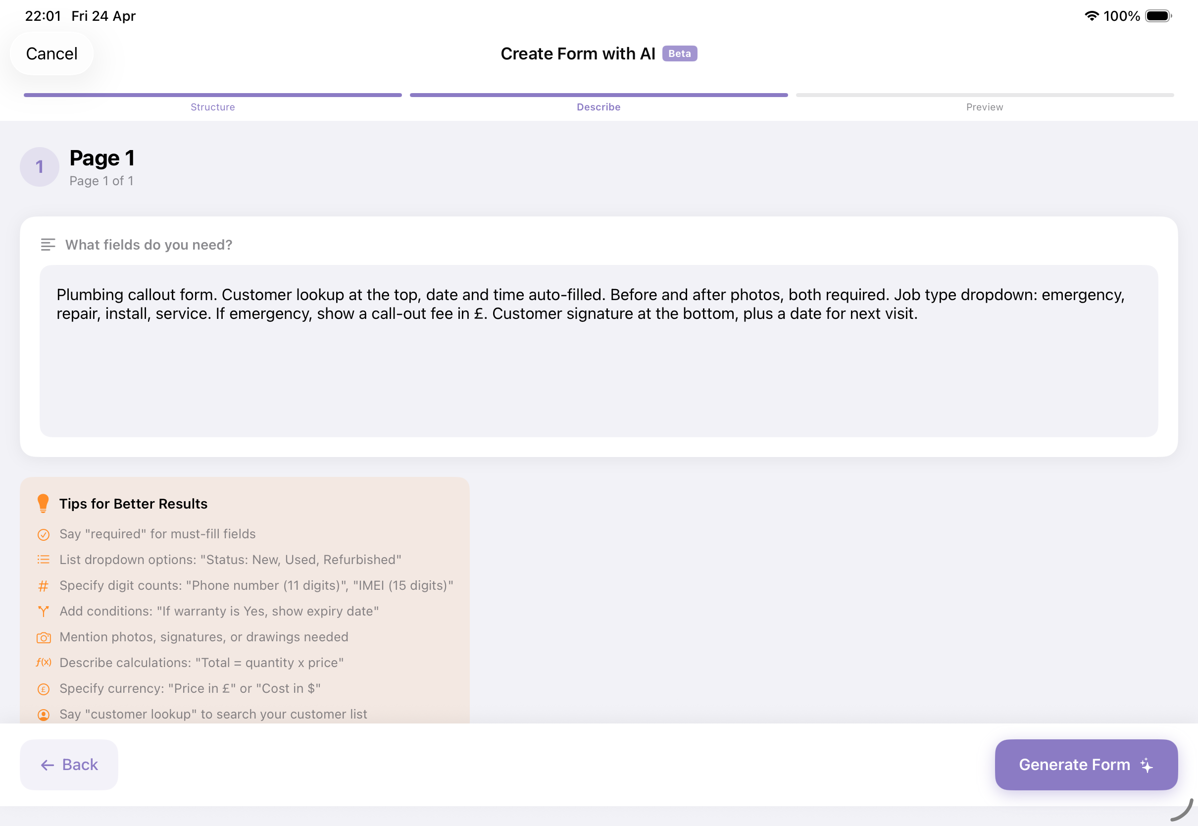 AI Form Builder on iPad